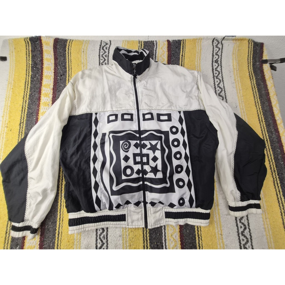 Vintage 90s Lavon Black & White Geometric Windbreaker Jacket - Size M